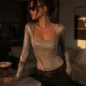 House of Harlow 1960 Champagne Metallic Bodysuit S